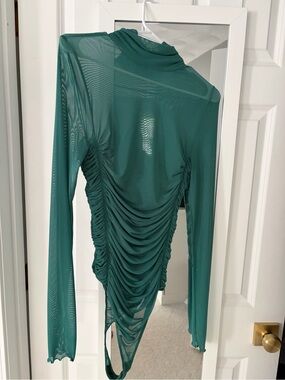 Free People Teal Green Ruched Sheer Long-Sleeve Mesh Bodysuit